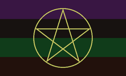 A queer pride style flag image, with 4 horizontal bars, from top to bottom, purple, black, green, brown. The colours work nicely together, they have been adjusted by someone with a keen eye and a deft touch. Superimposed on the bars is an encircled pentagram in yellow.